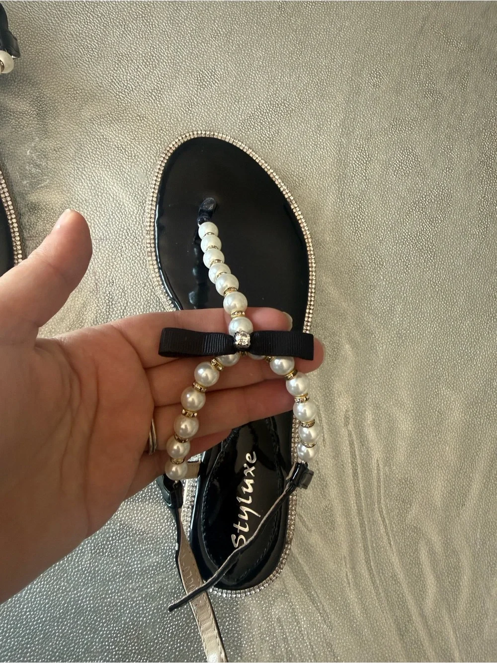 Styluxe Black Pearl Bow T-Strap Sandals